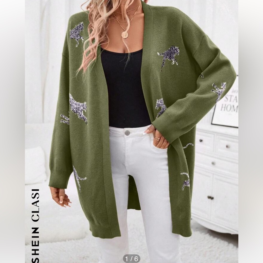 Olive Green Leopard Print Cardigan